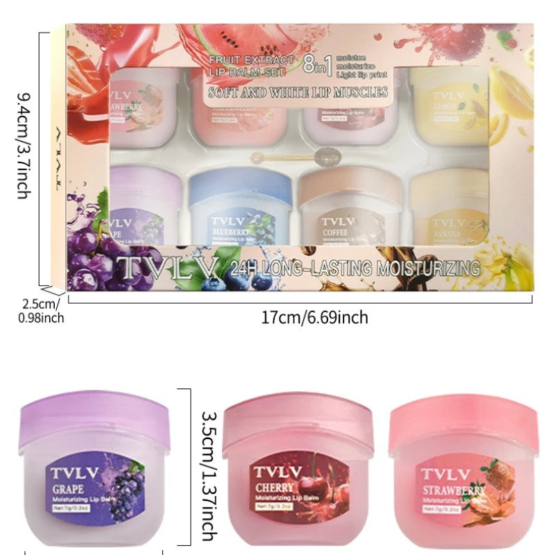 TVLV 8-Pc Fruit Lip Balm Set with Brush | Moisturizing Mini Jars Lip Balm Set QXL