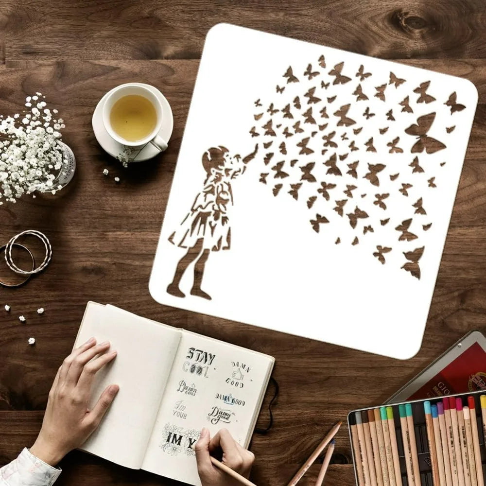 Woman & Butterfly PET Painting Stencil 11.8" | DIY Wall Decor Craft Painting Stencil QXL