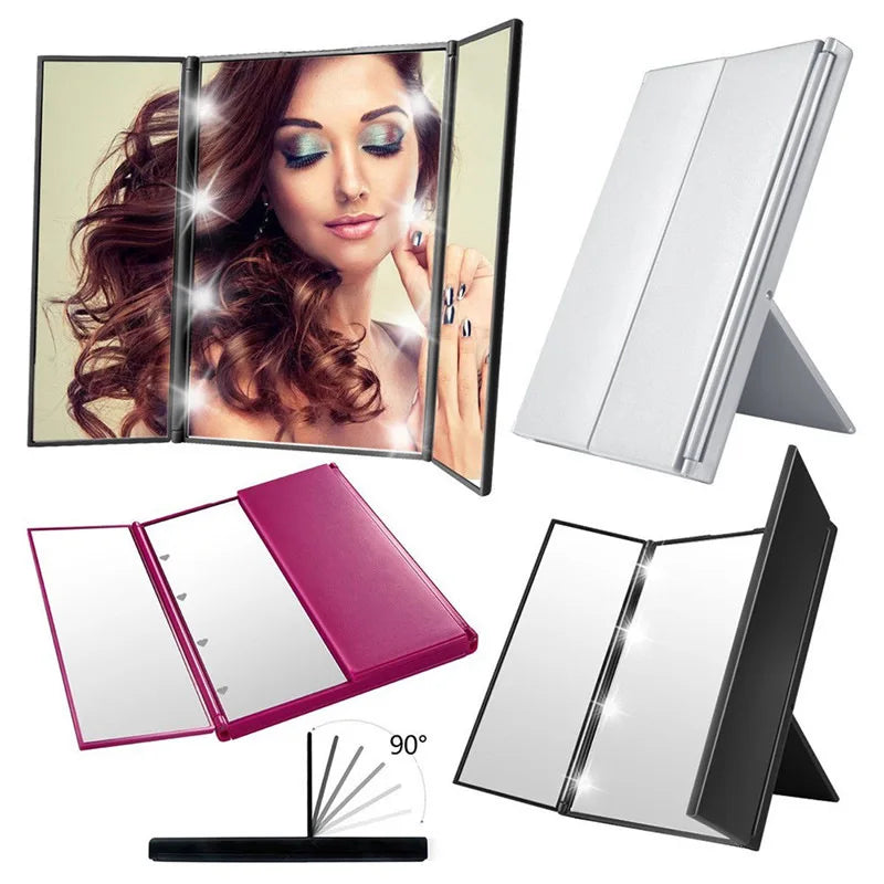 Portable LED Trifold Makeup Mirror | Foldable 3-Panel LED Makeup Mirror QXL