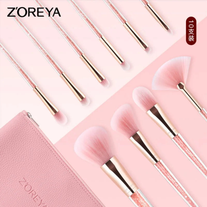 ZOREYA 10-Piece Pink Diamond Makeup Brush Set & Travel Bag Makeup Brush Set QXL