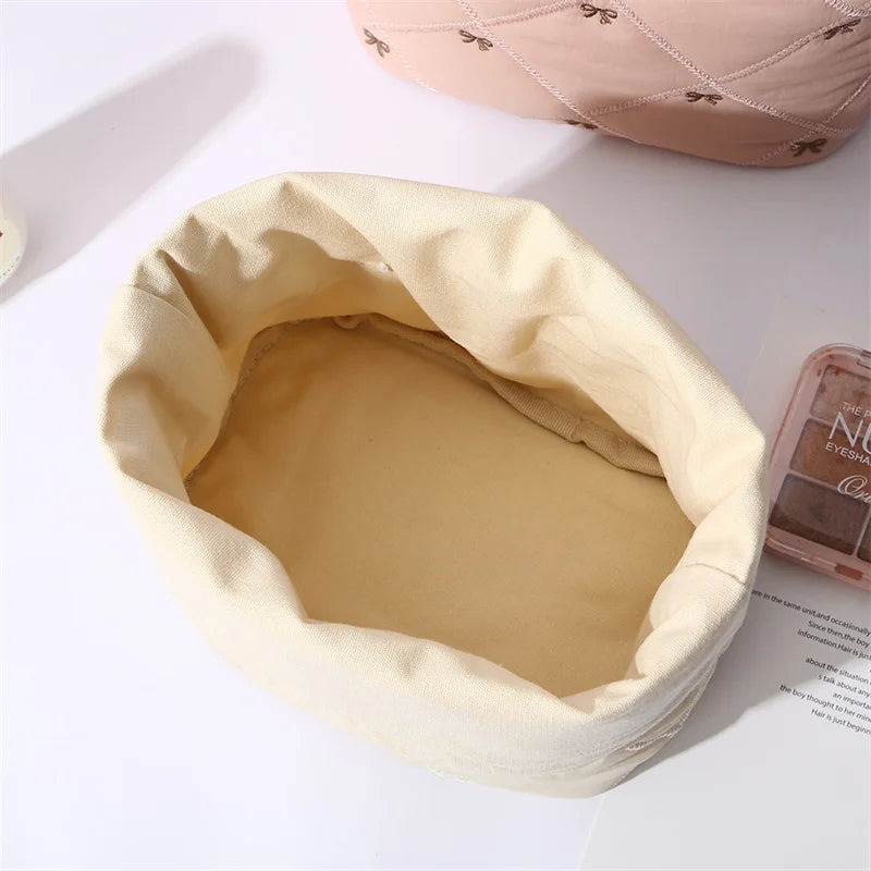 Quilted Drawstring Makeup Bag | Bow Embroidery Cosmetic Organizer Cosmetic Drawstring Bag QXL