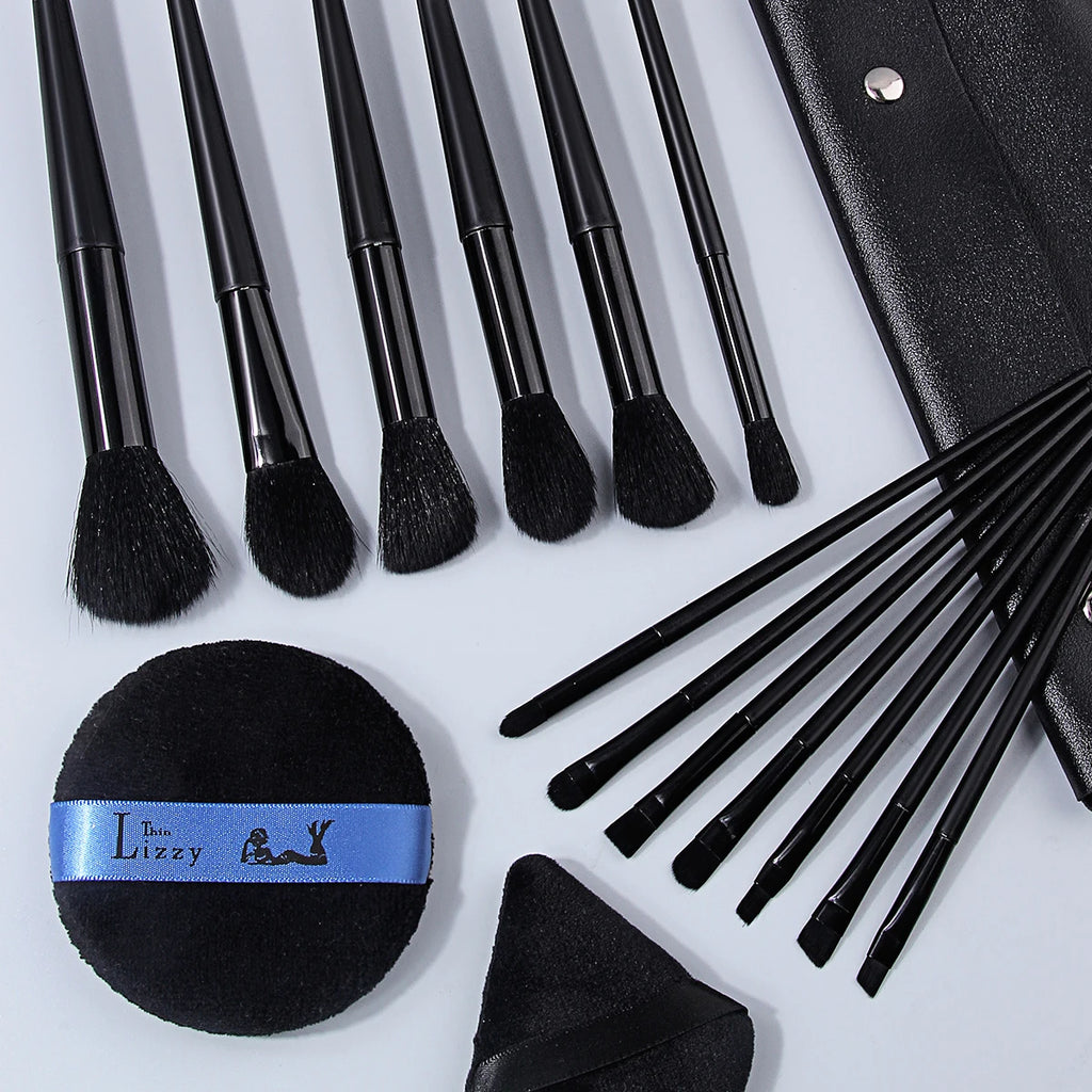 16-Pc Black Makeup Brush Set with PU Bag & Powder Puffs Makeup Brush Set QXL