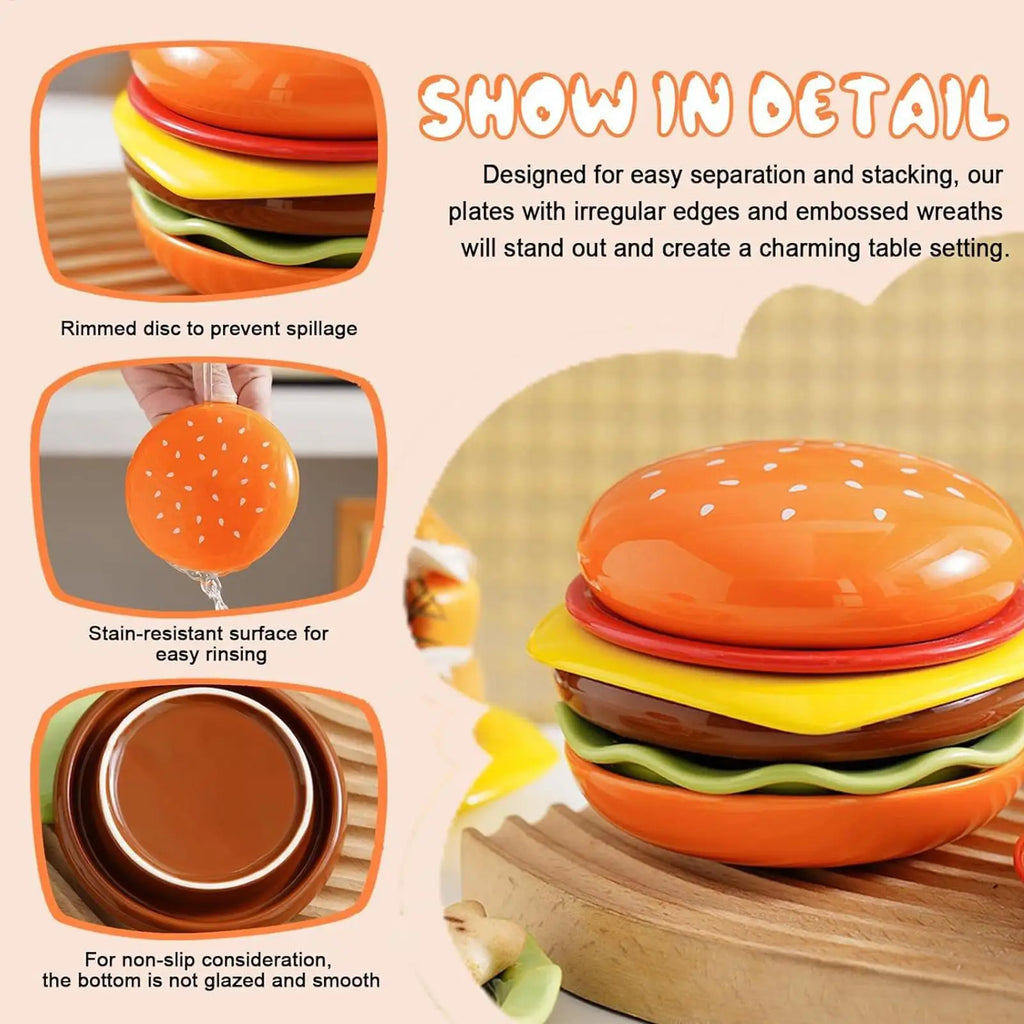 6-Pc Stackable Burger Plate Set | Mini Sauce & Dipping Bowls Novelty Plate Set QXL