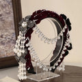 Bridal Flower Pearl Tassel Headband | Wedding Hair Hoop Bridal Hair Headband QXL Wine red