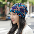 2-in-1 Flower Print Beanie Hat & Neck Scarf | Winter Cap Beanie Hat Scarf QXL Purple Blue