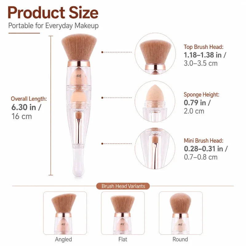 3-in-1 Makeup Brush | Powder, Sponge & Detail – Travel Kit Makeup Brush Set QXL