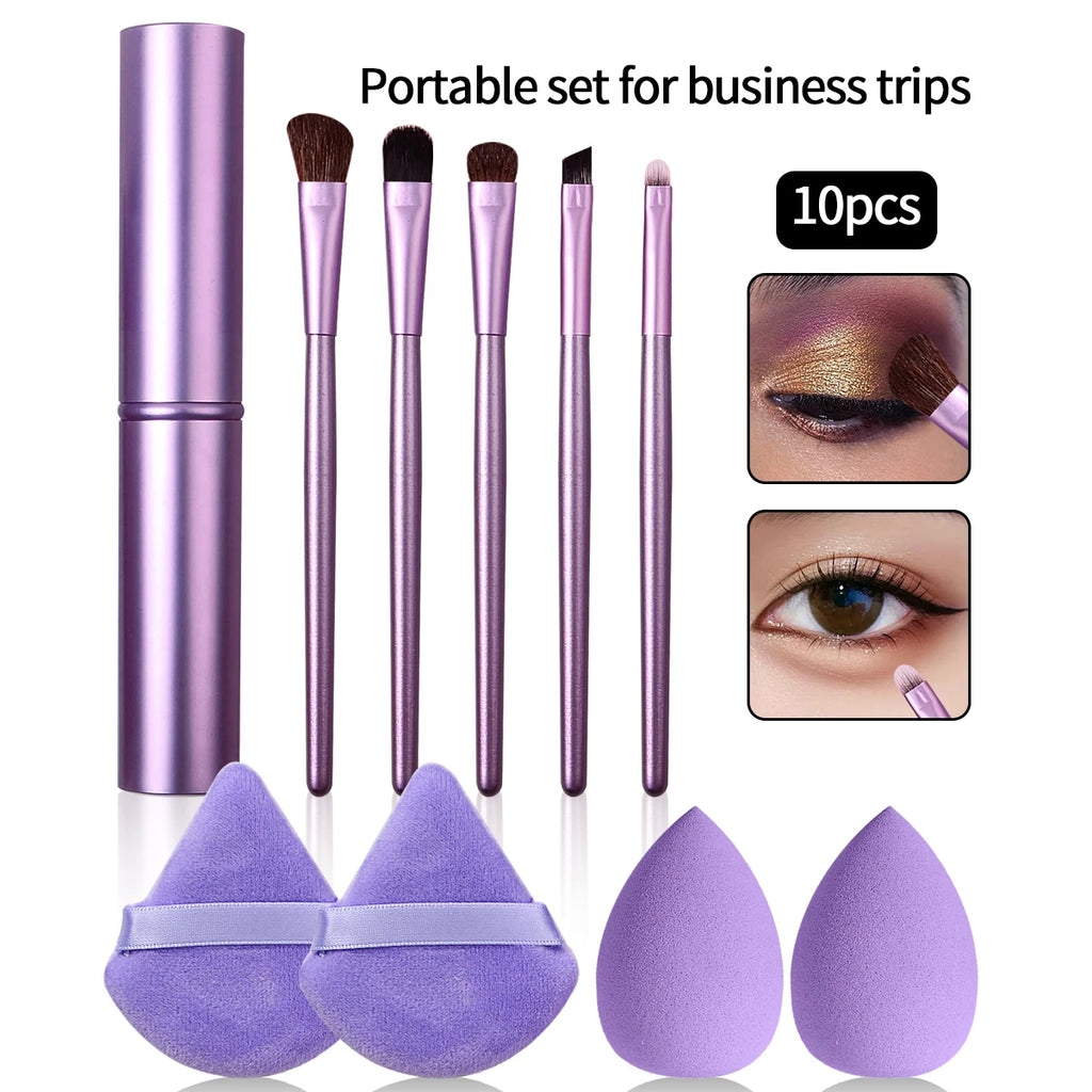 10-Pc Purple Makeup Brush Set with Sponge & Powder Puff Makeup Brush Set QXL PURPLE