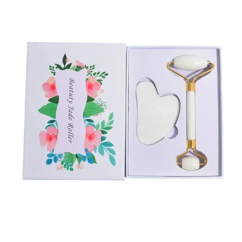 Natural Jade Roller & Gua Sha Set | Double Roller + Heart Scraper Jade Roller Gua Sha Set QXL White