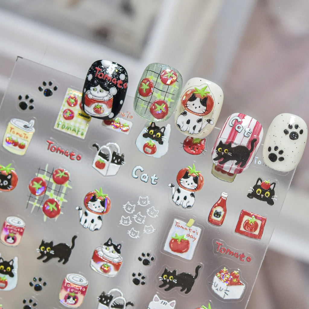 5D Cat & Cartoon Food Nail Stickers | Paw Print Decals DIY Nail Art Stickers QXL