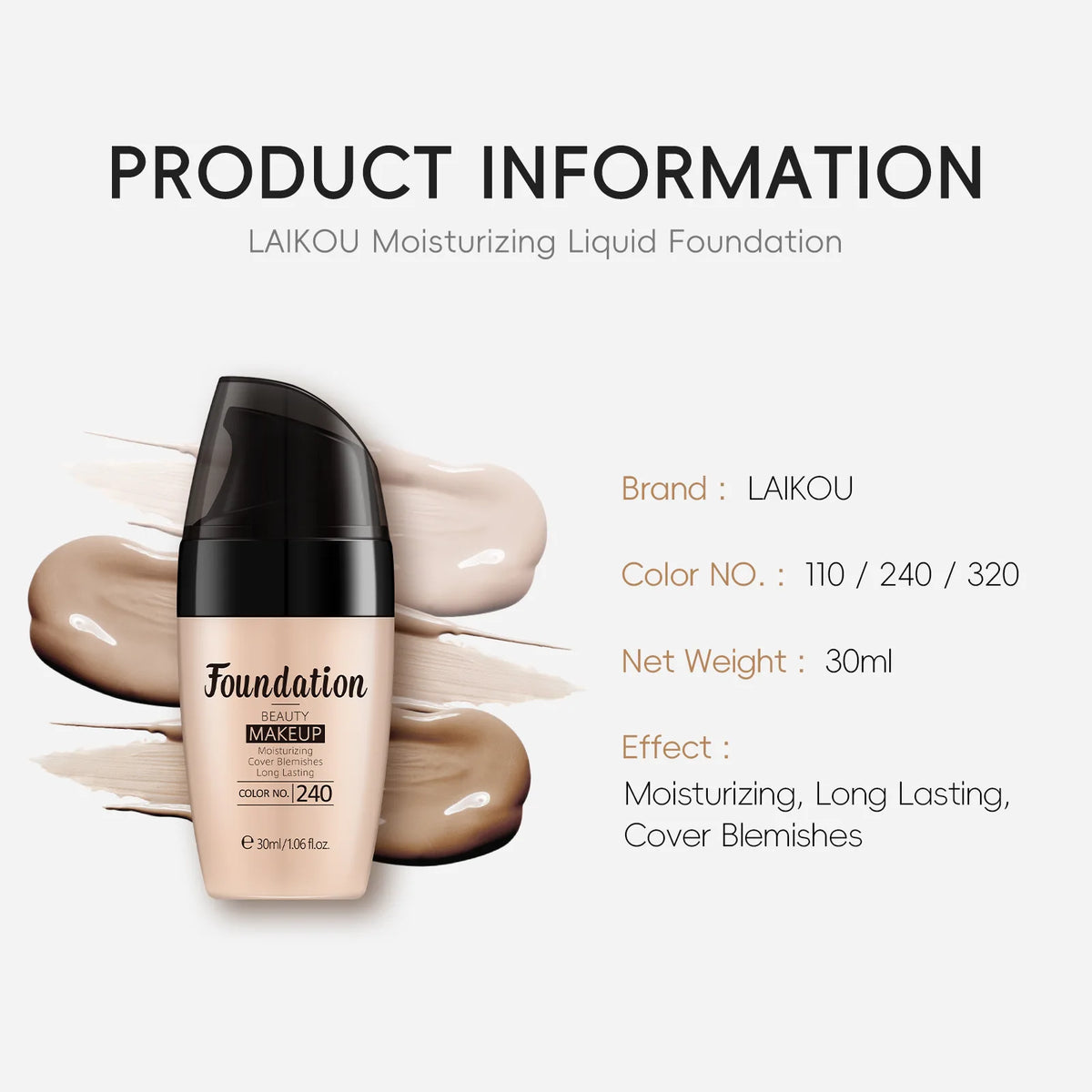 LAIKOU Liquid Foundation Full Coverage Hydrating Makeup Base 30ml Liquid Foundation QXL