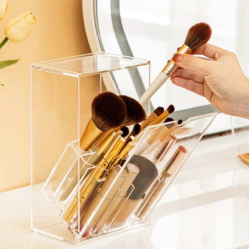 Clear Acrylic Makeup Brush Holder with Lid | Large Capacity Makeup Brush Organizer QXL