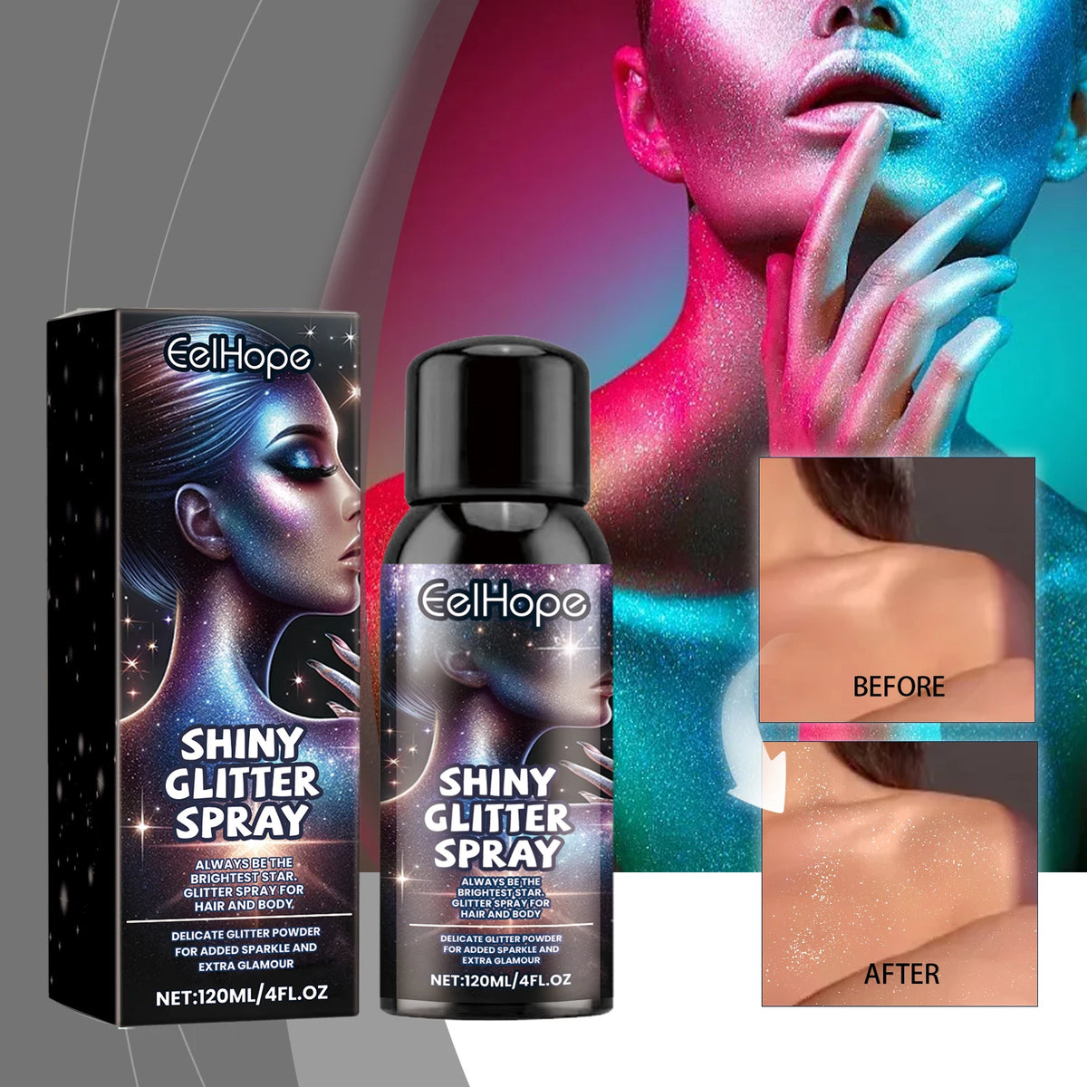 Eelhope Body & Face Glitter Spray – Shimmer Highlighter 120ml Body Glitter Spray QXL