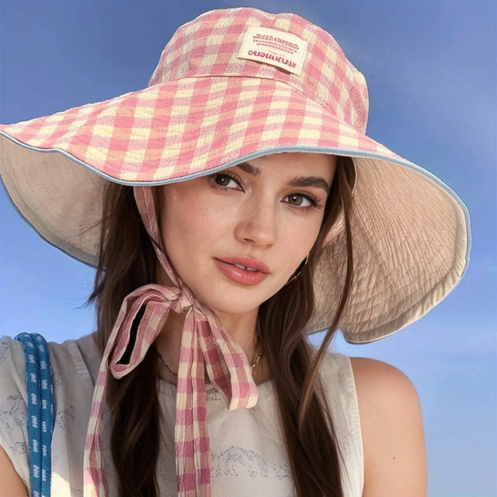 Double-Sided Checkered Wide Brim Sun Hat | Foldable Beach Hat Wide Brim Sun Hat QXL