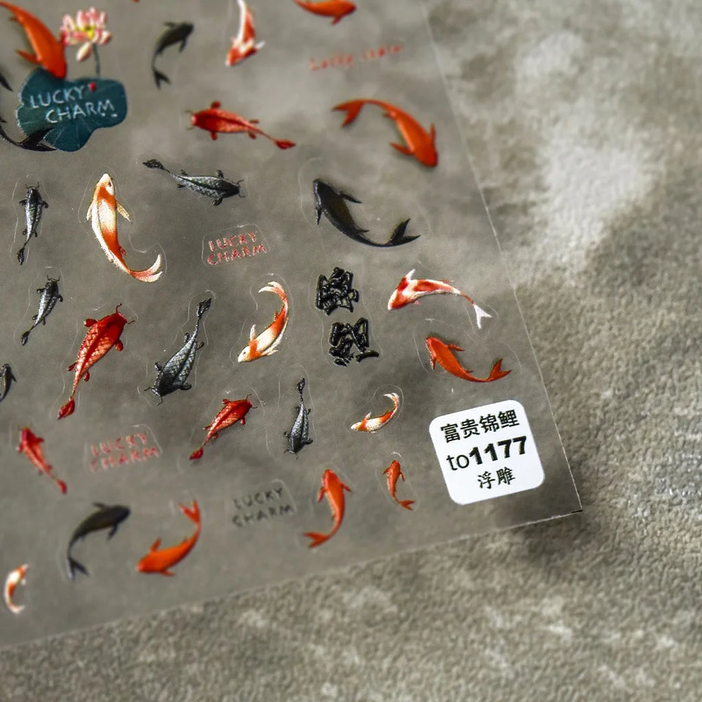 5D Kawaii Koi Carp Nail Stickers | Embossed Slider Decals Nail Art Stickers QXL