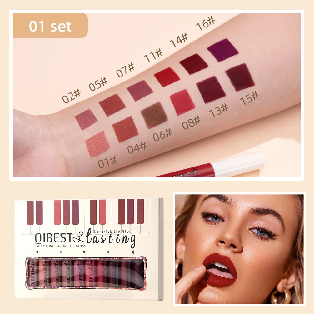 QIBEST 12-Color Matte Liquid Lipstick Set | Velvet Lip Gloss Matte Lip Gloss Set QXL