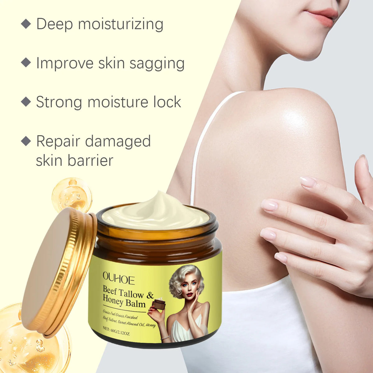 OUHOE Beef Tallow Honey Balm Facial Moisturizer Cream 60g Facial Moisturizer Cream QXL