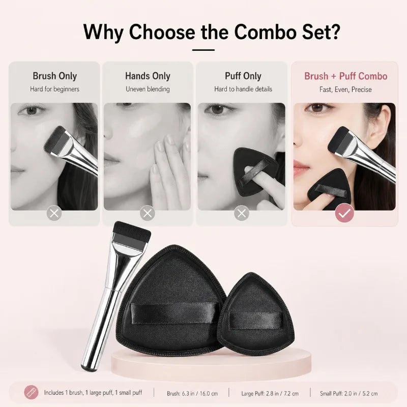 Triangle Makeup Puff & Foundation Brush Set – 3-Piece Makeup Sponge & Brush Set QXL