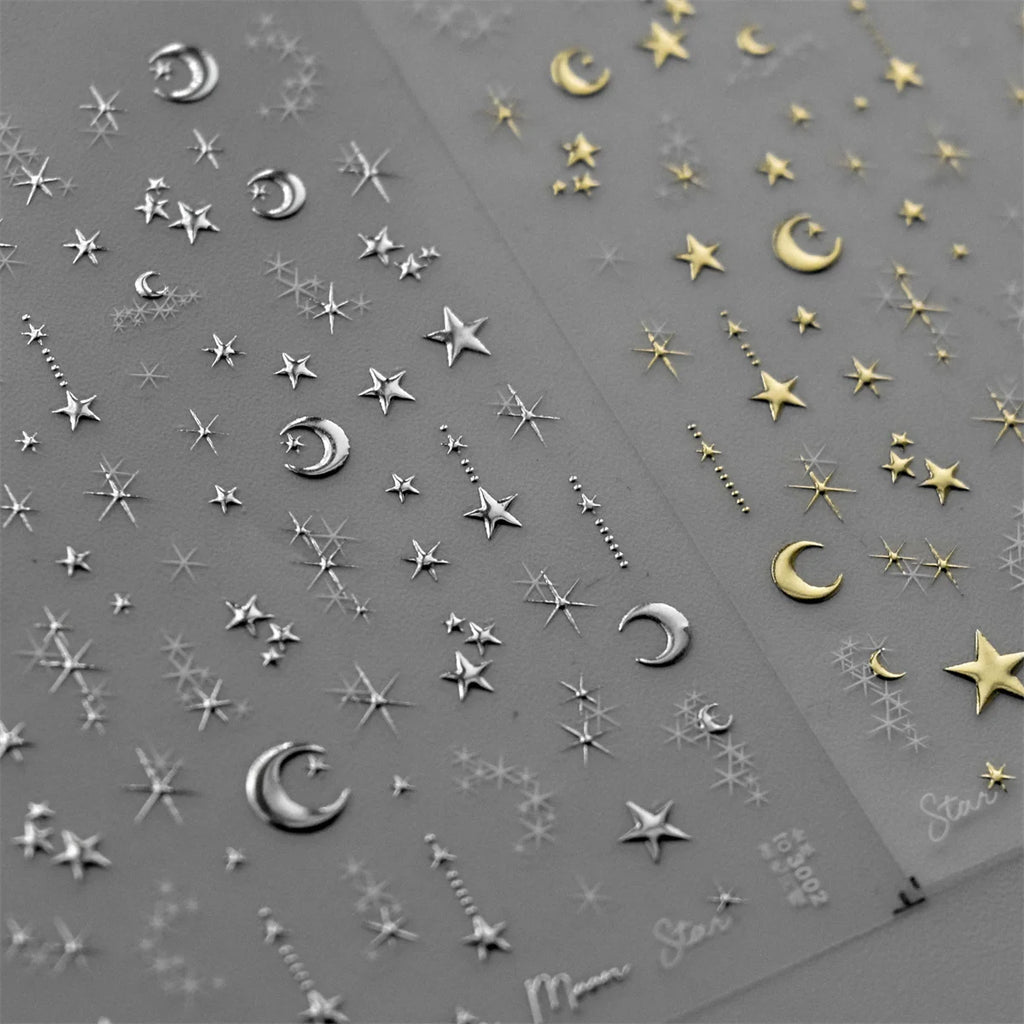 5D Bronzing Star Moon Nail Art Stickers | Gold Silver Decals Nail Art Stickers QXL