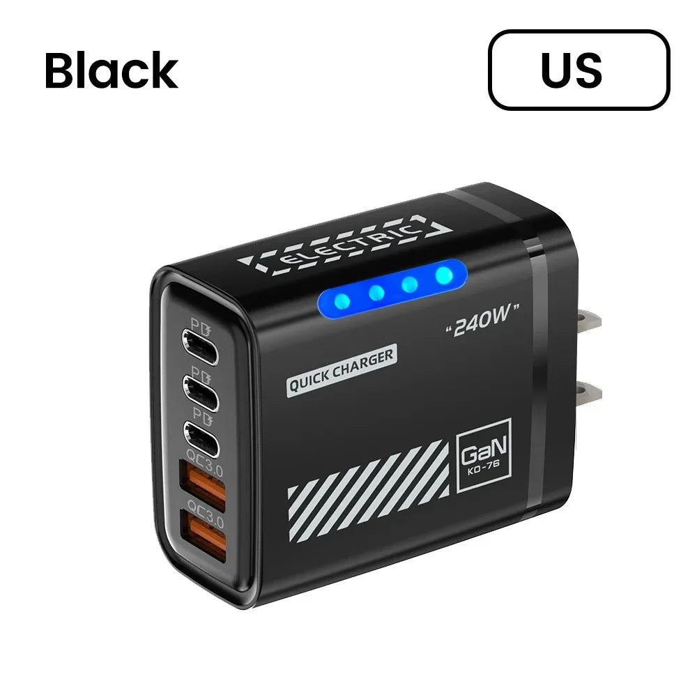 240W GaN 5-Port Fast Charger | 3 USB-C PD + 2 USB-A GaN Charging Station QXL Black US