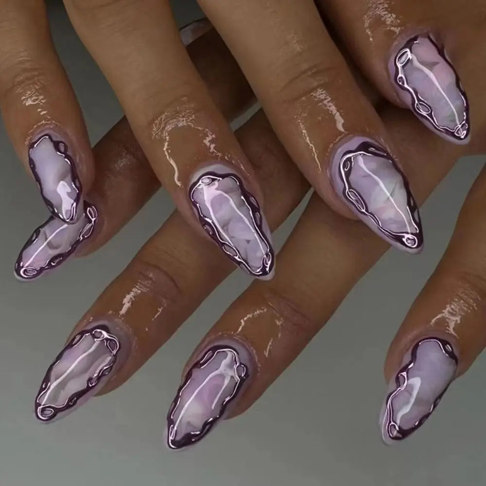 Long Almond Press-On Nails – French Leopard Purple | 24 Pcs Press-On False Nails QXL W1310