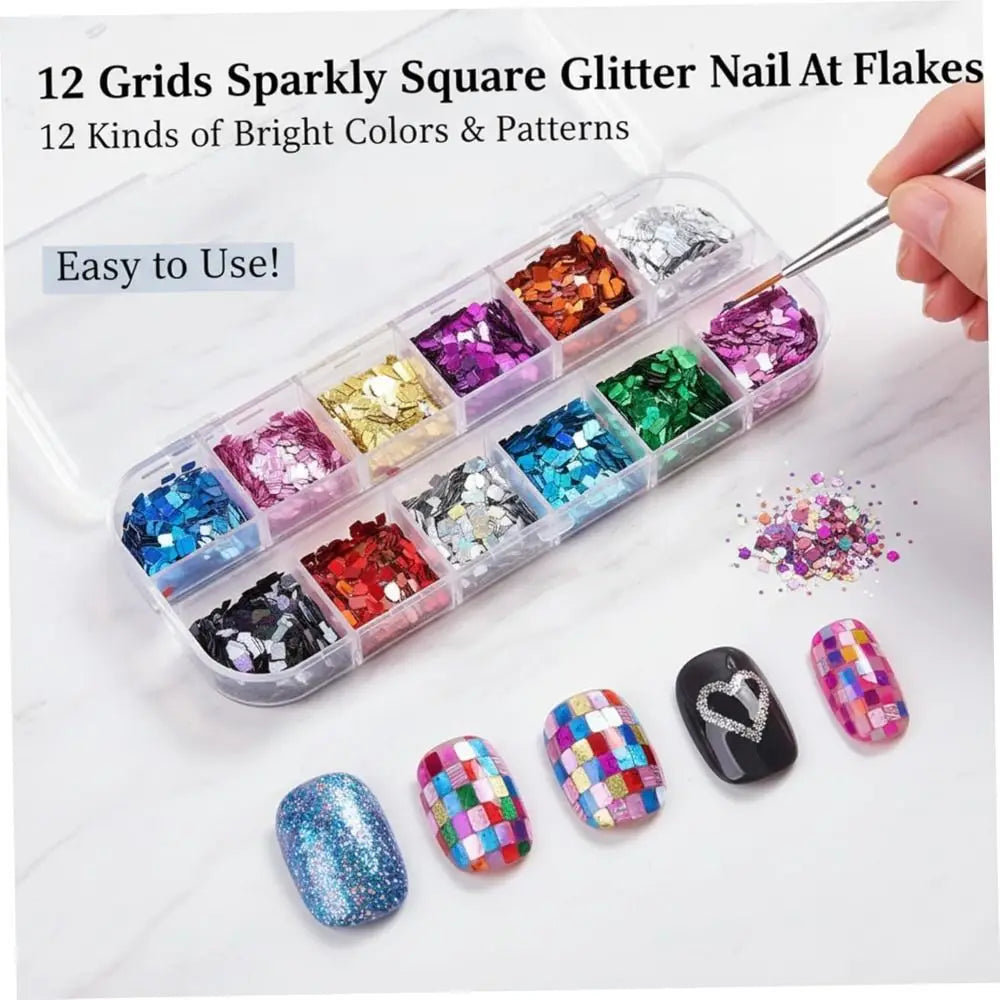 12-Grid Holographic Nail Glitter Sequins – Square Flakes Nail Art Sequins QXL