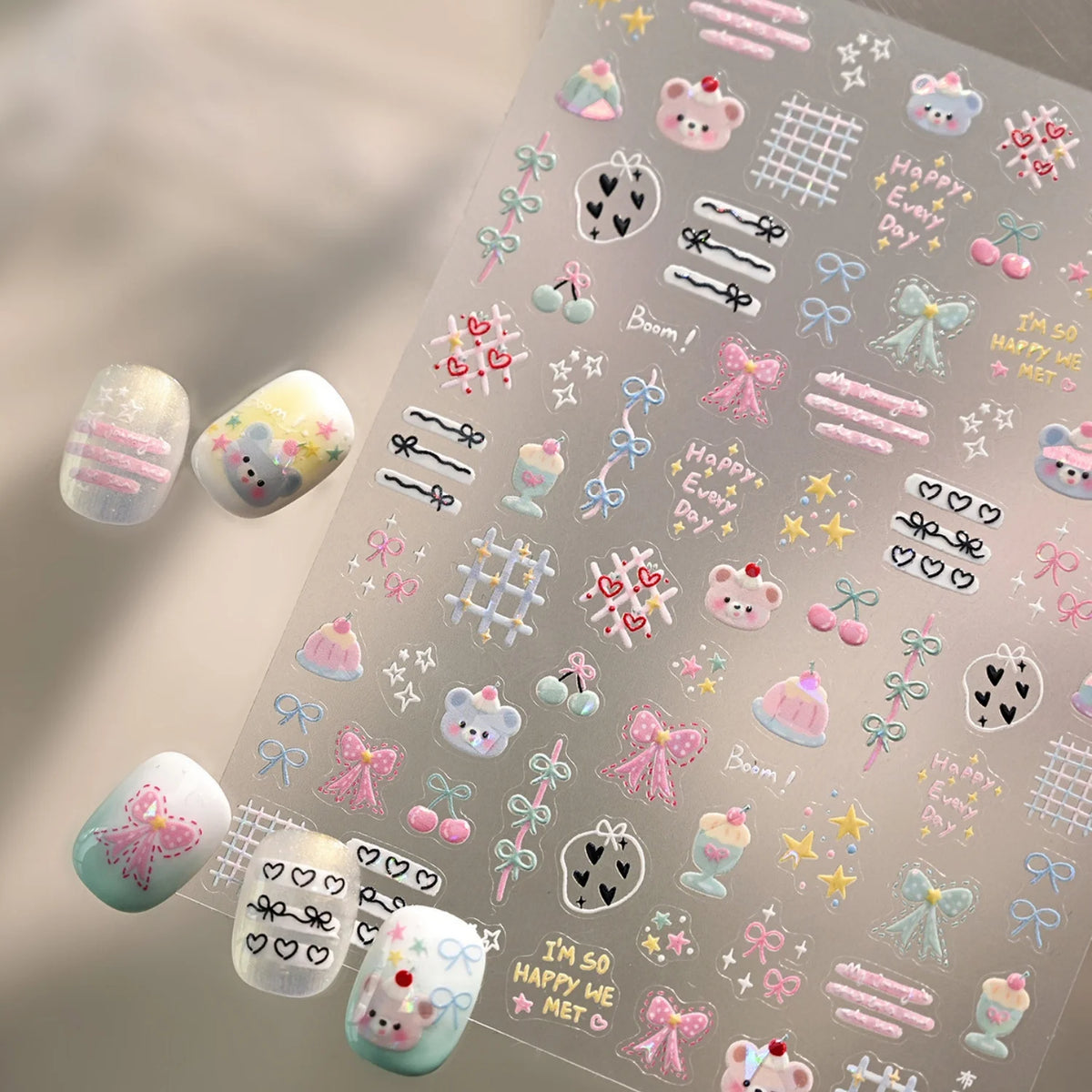 5D Embossed Nail Stickers – Cartoon Bear & Cake Design Nail Art Stickers QXL