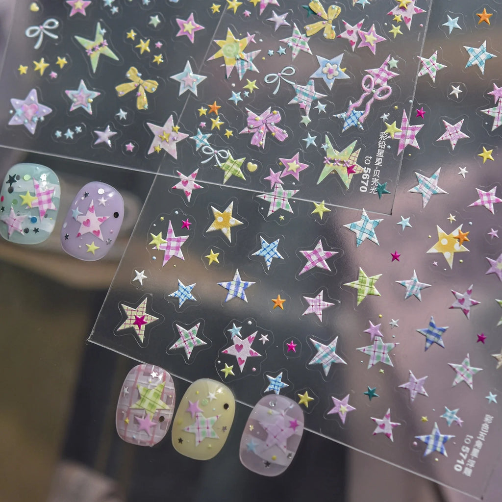 5D Embossed Nail Art Stickers | Plaid Star Vintage Decals Nail Art Stickers QXL
