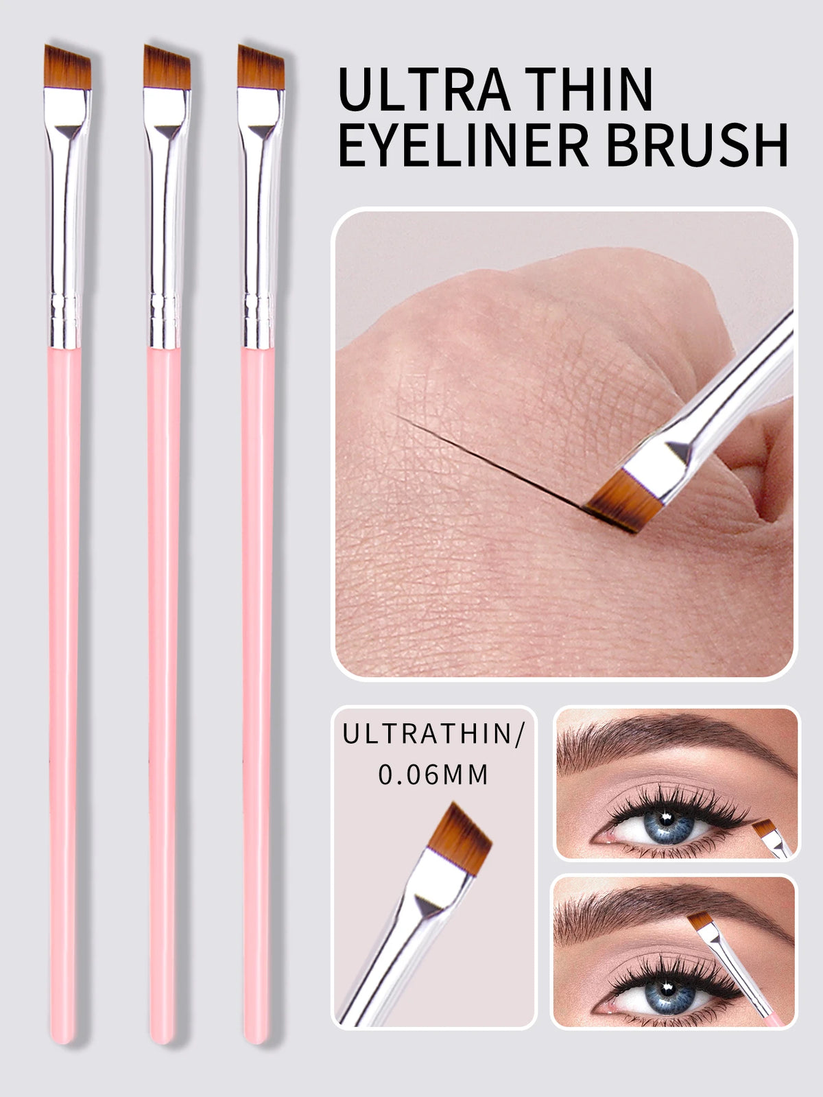 KOSSHOW 3-Pc Ultra Thin Eyeliner & Eyebrow Brush Set – Pink Eyeliner Brush Set QXL