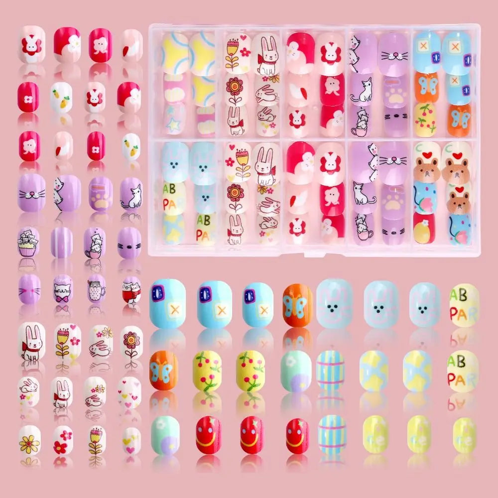 Kawaii Kids Press On Nails | 120-Pc Cute Cartoon False Nails Kids Press On Nails QXL