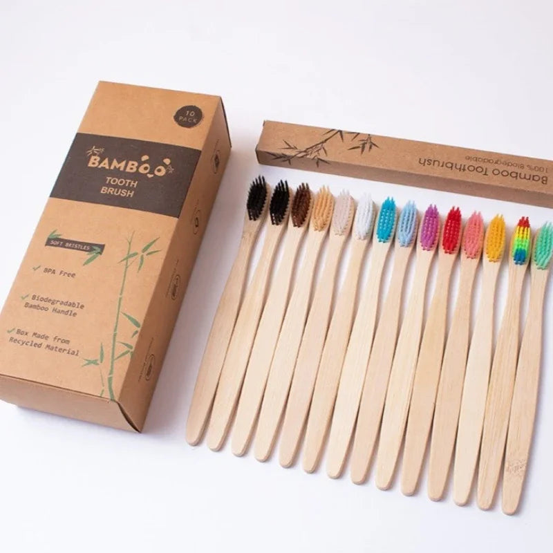 10-Pack Natural Bamboo Toothbrush Set | Eco Soft Bristles Bamboo Toothbrush Set QXL