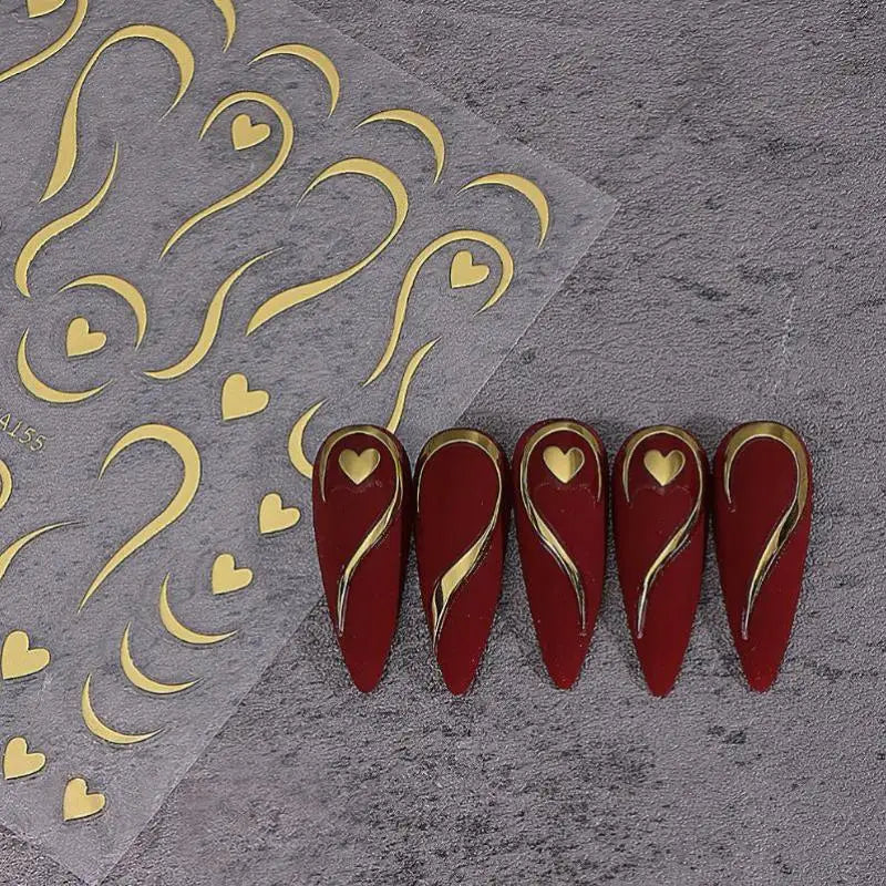 3D Gold French Line & Heart Nail Stickers | DIY Nail Decals Nail Art Stickers QXL