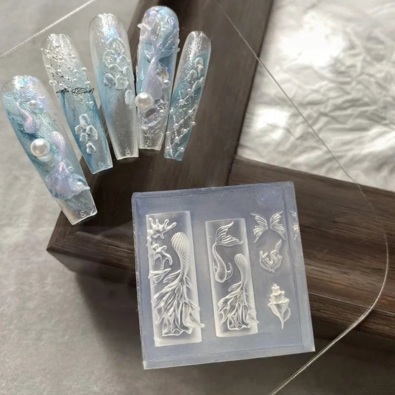 3D Silicone Ocean Nail Art Mold – Jellyfish & Fishtail 2-Pc Set Silicone Nail Mold QXL