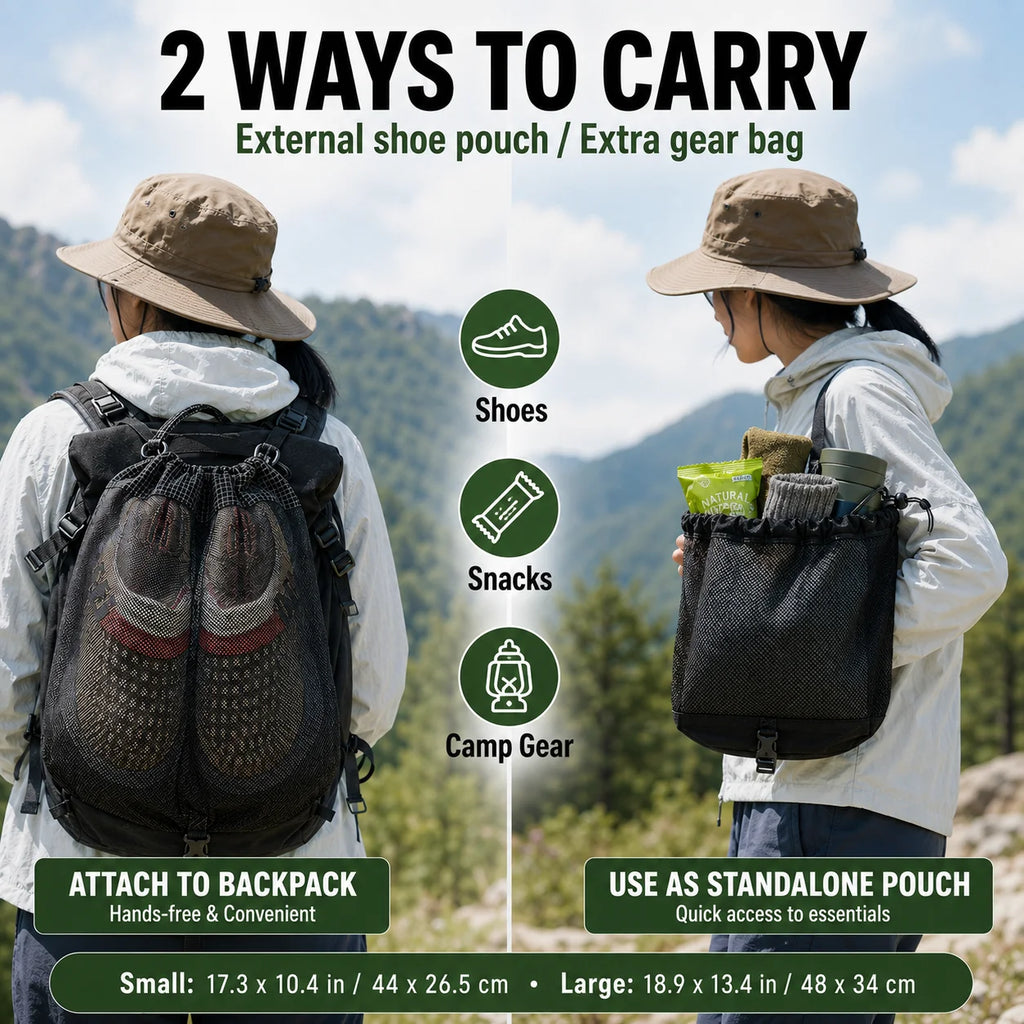 Hiking Backpack External Shoe Bag | Waterproof Mesh Pouch Backpack Shoe Pouch QXL