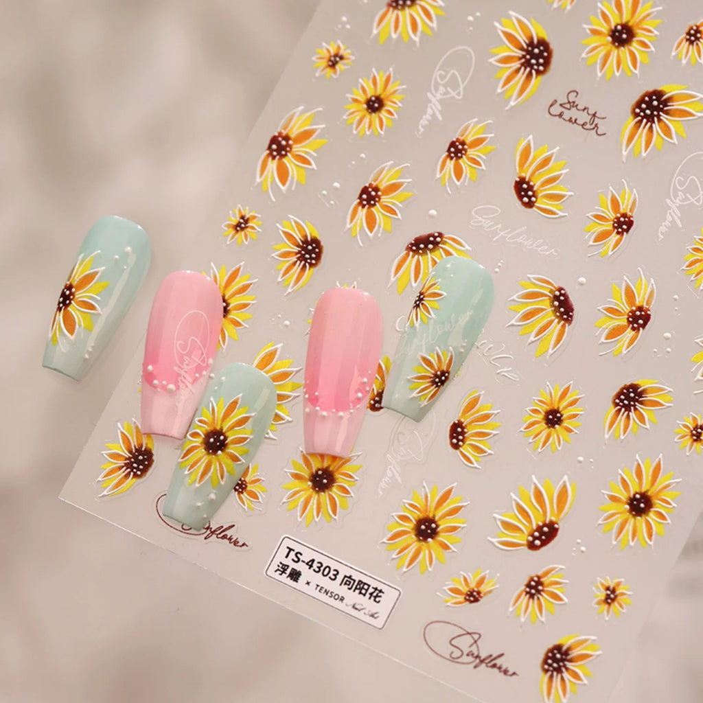 5D Sunflower Nail Stickers – Floral Self-Adhesive Nail Decals Nail Art Stickers QXL