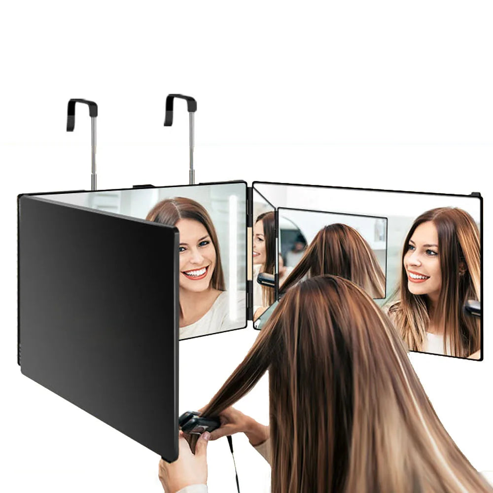 360° Trifold Makeup Mirror | Height-Adjustable Telescoping Hook Trifold Makeup Mirror QXL