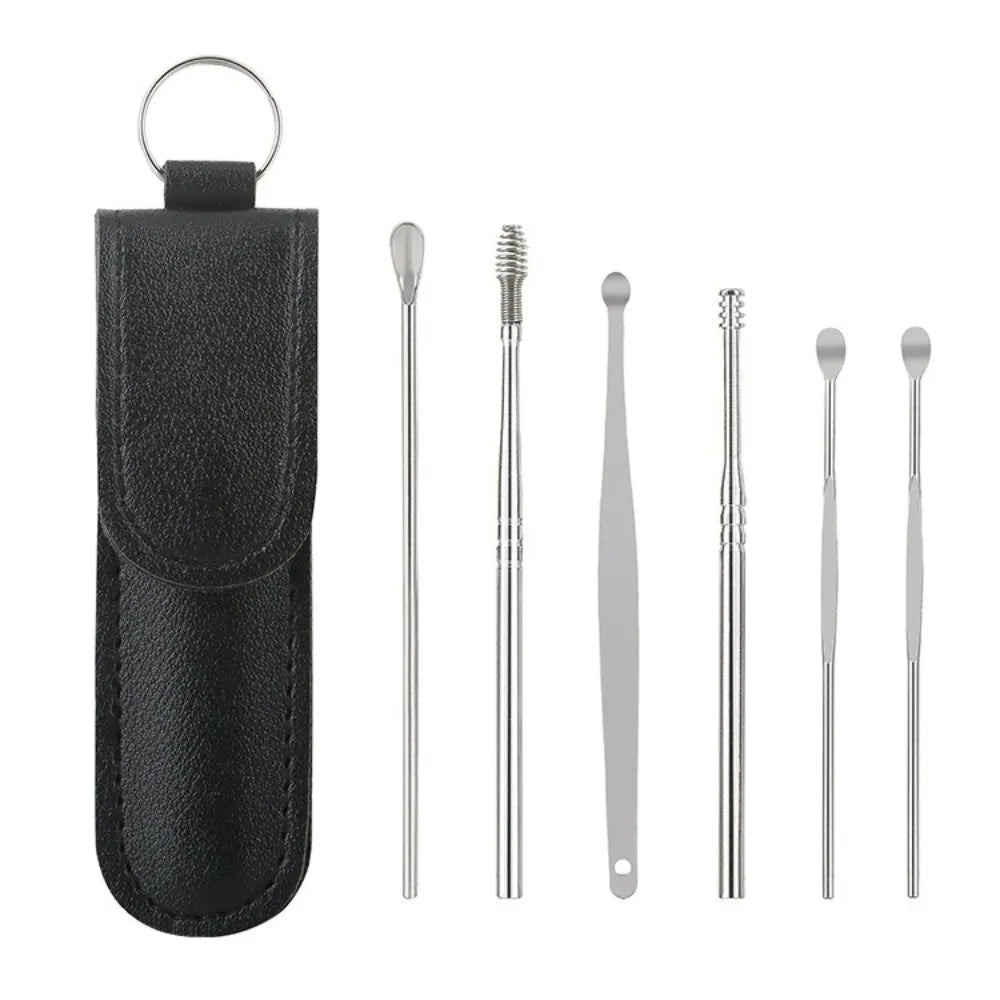 7-Piece Stainless Steel Ear Cleaning Spoon & Earpick Set Ear Cleaning Kit QXL Black