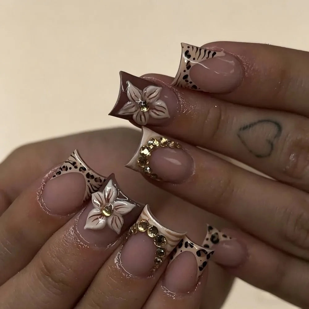 Rhinestone Bow Short Press On Nails | Square Fake Nails 24pc Press On Nails QXL