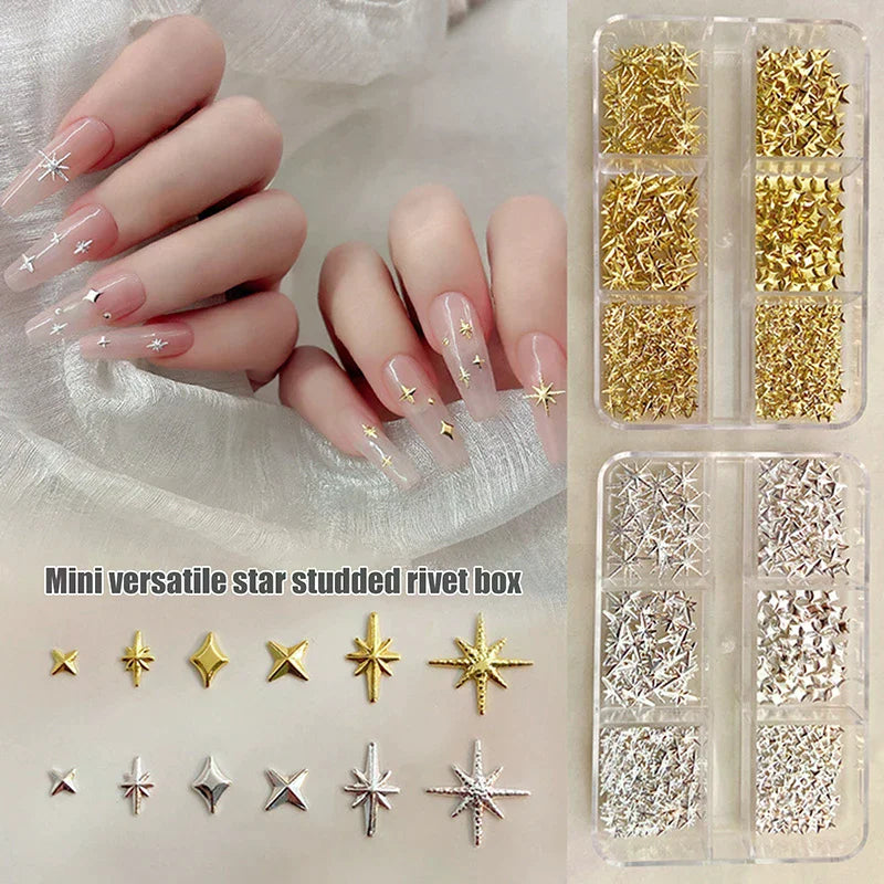 6-Grid Metallic Nail Art Rhinestones | Gold & Silver Charms Nail Art Charms QXL
