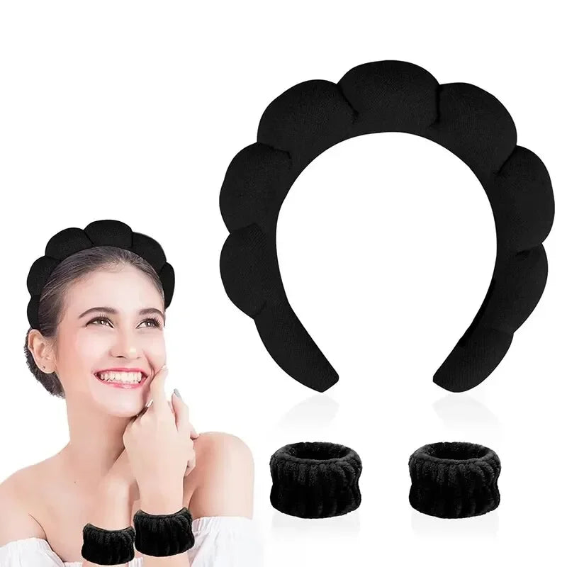 3-Piece Fluffy Spa Headband & Wristband Set for Women Spa Headband Set QXL M121 Black
