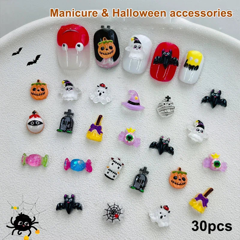 30-Pc Halloween 3D Resin Nail Charms | Pumpkin Ghost Kawaii Nail Art Charms QXL