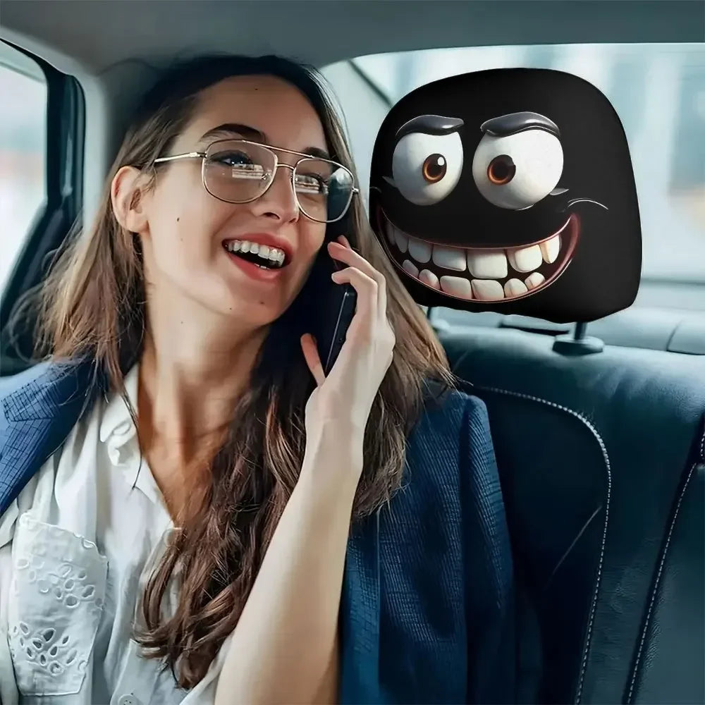 2-Pack Smiley Face Car Headrest Pillow Covers | Soft Polyester Car Pillow Covers QXL