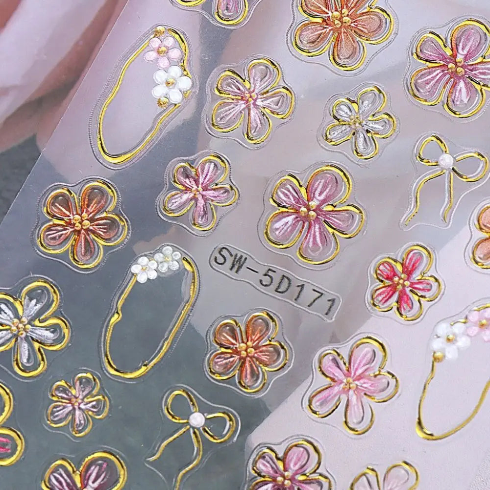 3D Embossed Nail Stickers | French Floral Gold Petal Decals Nail Art Stickers QXL