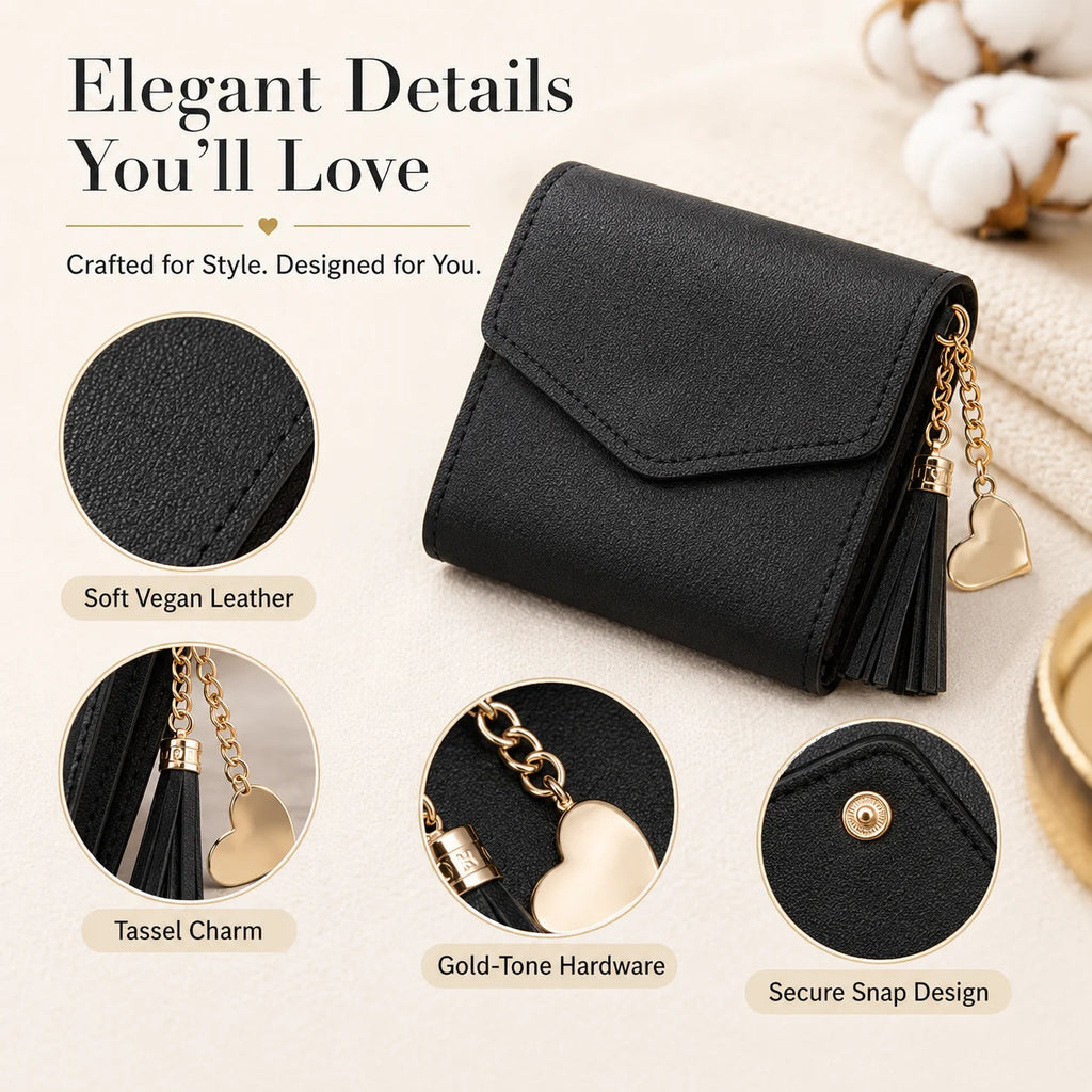 Women's Mini Clutch Wallet – Gold Snap, Tassel & Card Slots Mini Clutch Wallet QXL
