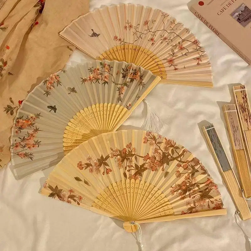 Chinese Bamboo Folding Fan | Silk Flower Dance & Decor Prop Folding Hand Fan QXL