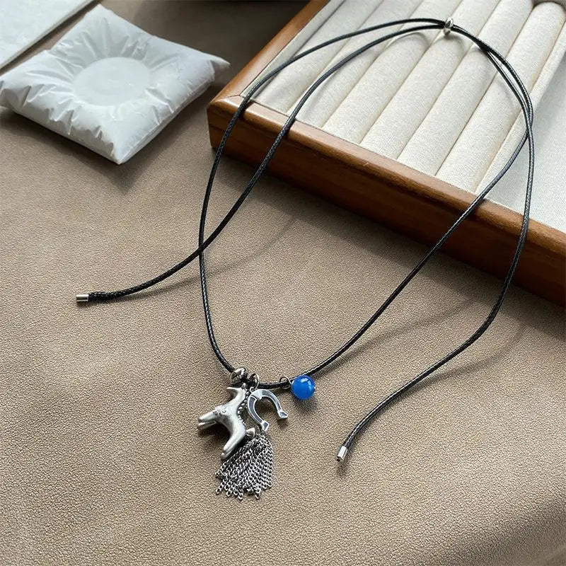 Horse Tassel Pendant Necklace | Y2K Wax Rope Choker Women Pendant Necklace QXL Silver