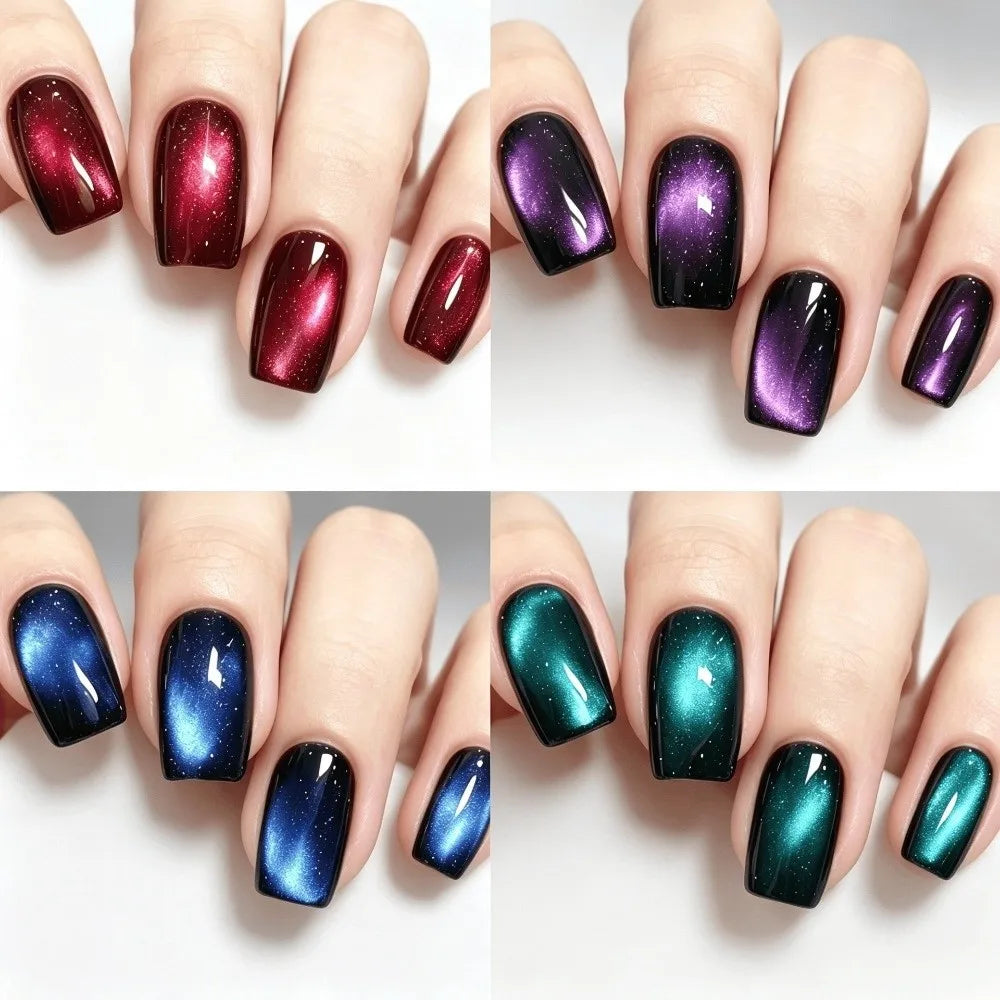 96-Pc Cat Eye Press On Nails | Short Square Glossy Glitter Press On Nails QXL