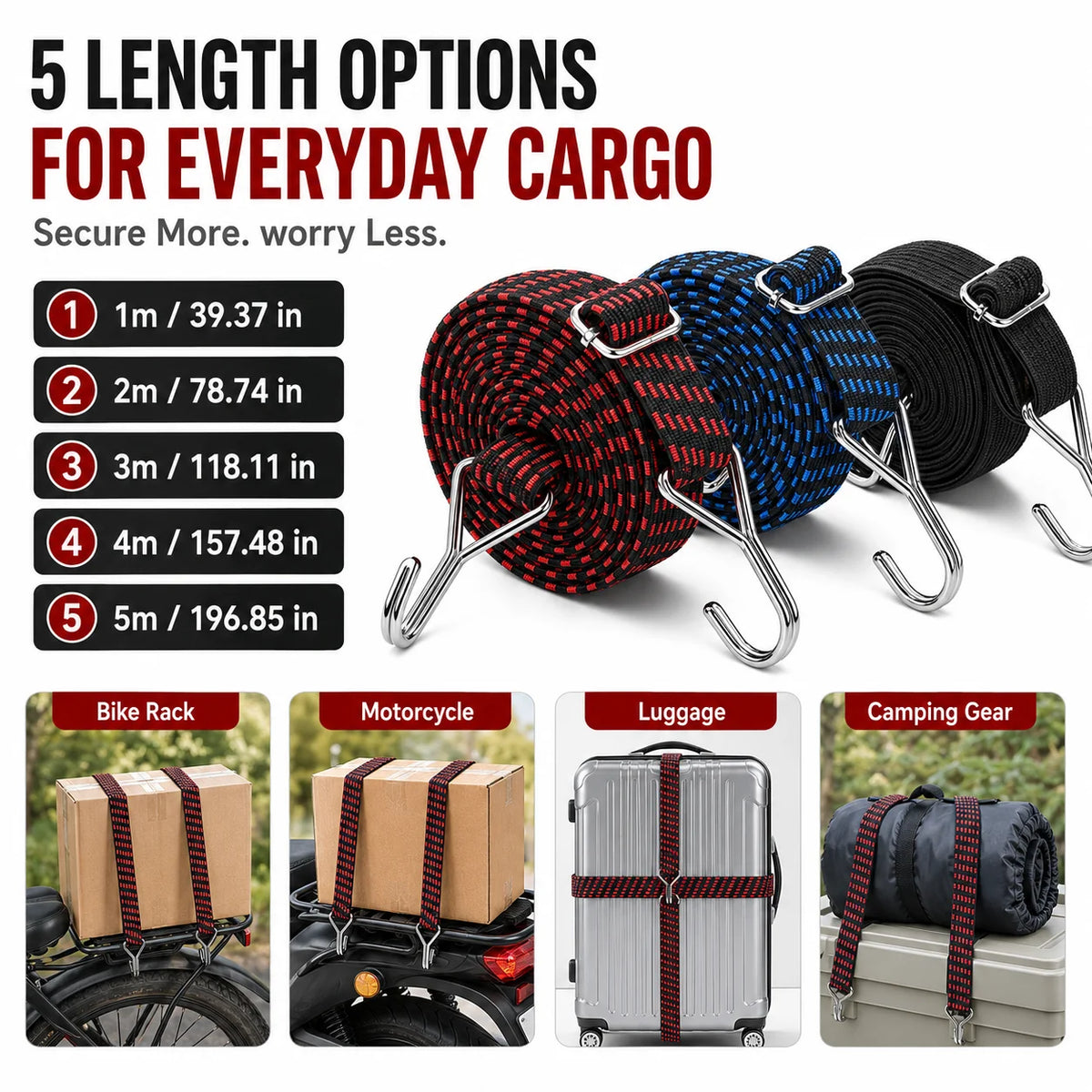 3cm Elastic Cargo Tie Down Strap with Metal Hooks 1–5M Elastic Cargo Strap QXL