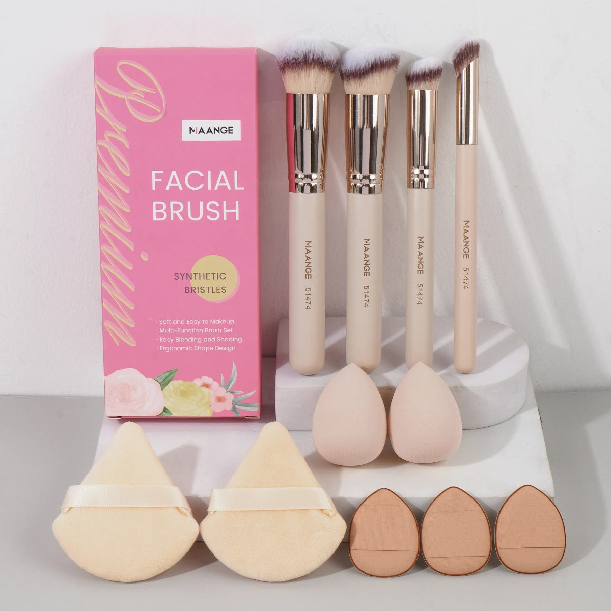 MAANGE 11-Pc Makeup Brush & Sponge Kit | Puff & Blender Makeup Brush Set QXL Apricot