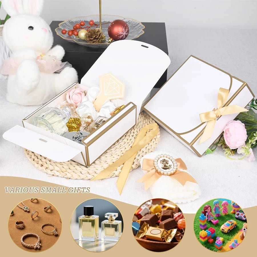 20-Pack White Gift Boxes with Lids – Gold Trim & Ribbon 6.5" Gift Box Set QXL