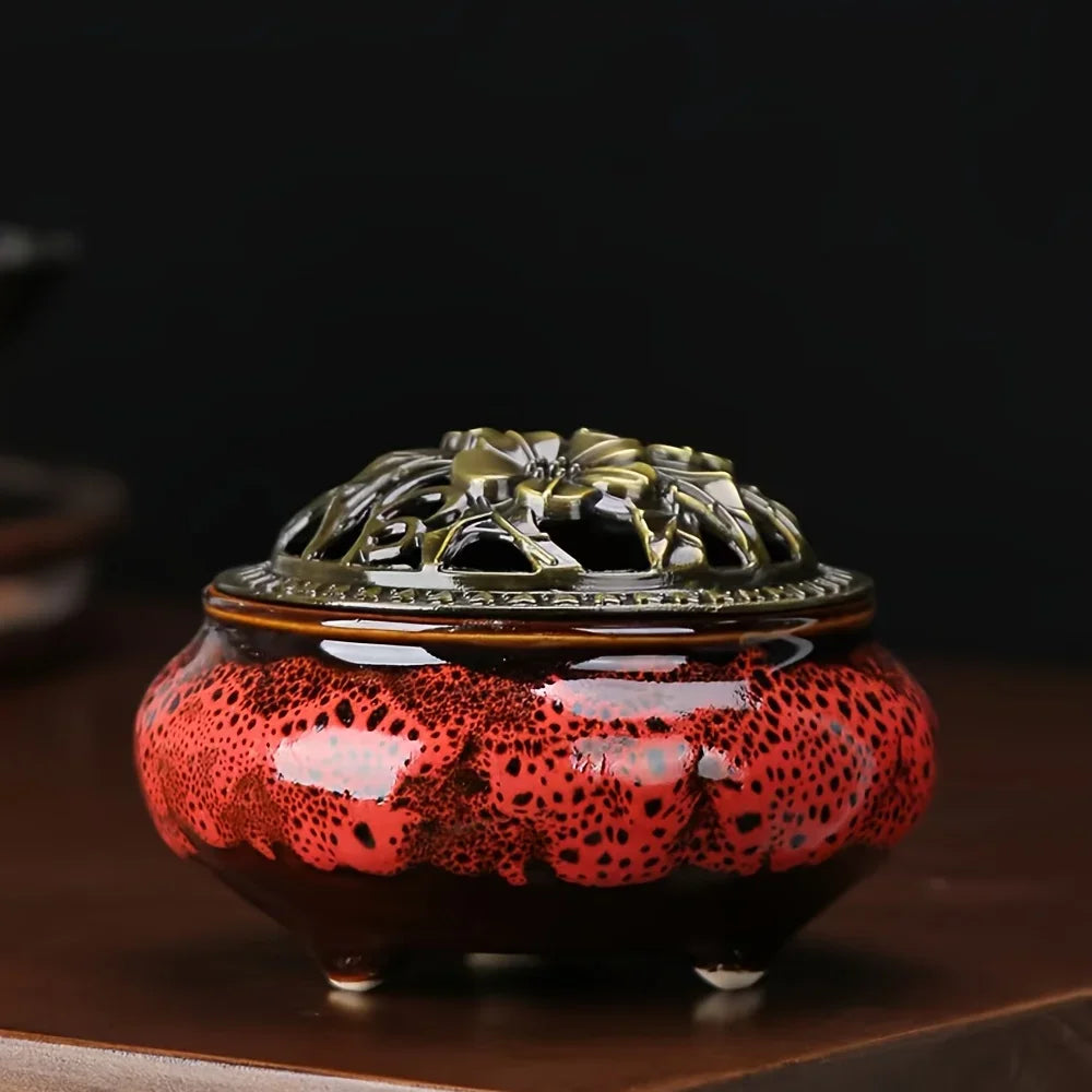 Ice Crack Ceramic Incense Burner with Hollow Lid | Cone & Stick Incense Burner QXL Red